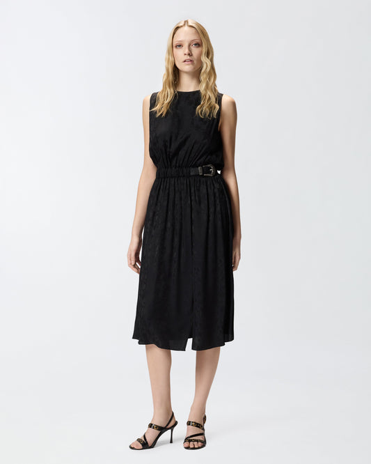 Sleeveless midi dress in floral jacquard with belt
