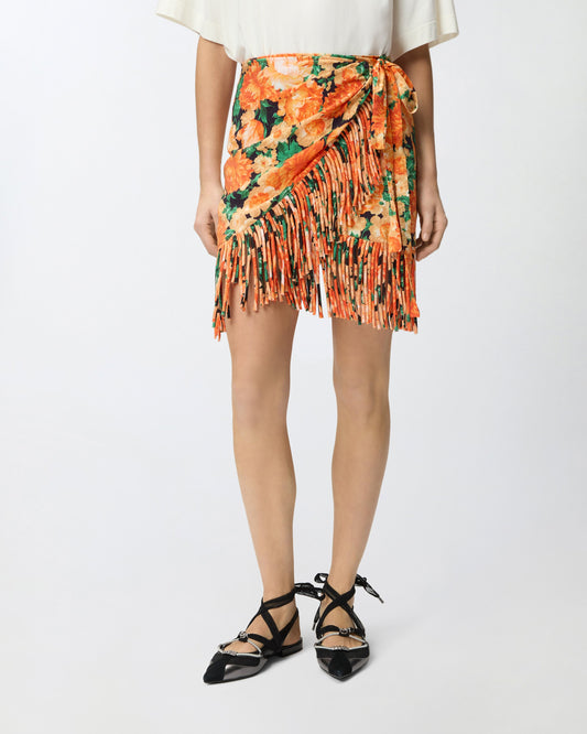 Short skirt with fringing and Botanic Garden print