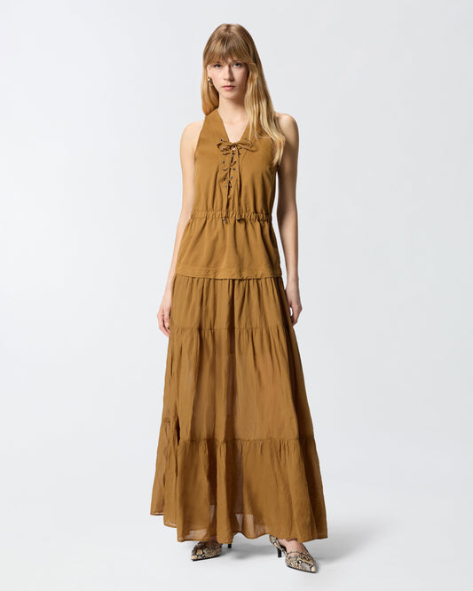 Long cotton dress with flounce and ribbons
