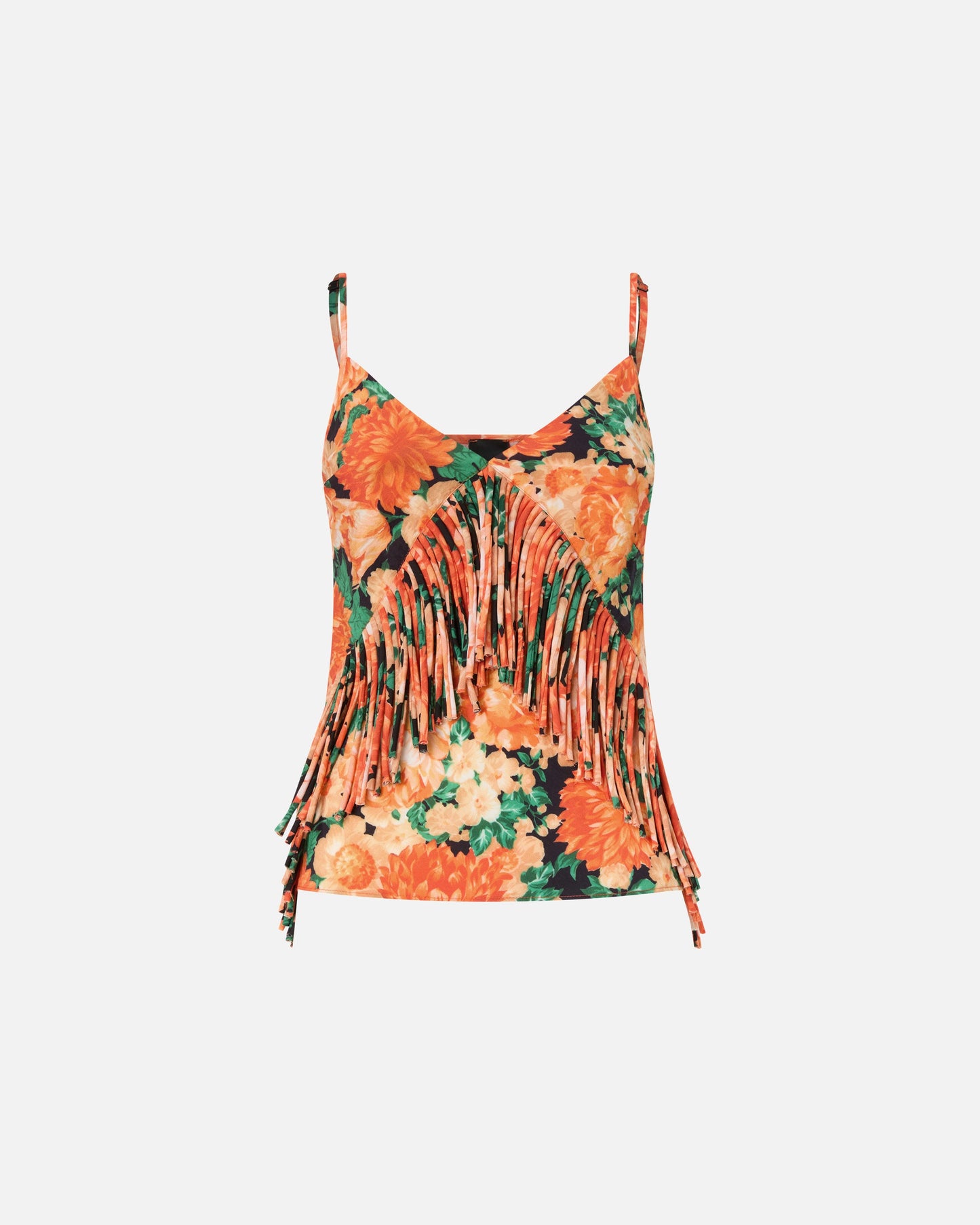 Sleeveless top with fringing and floral print
