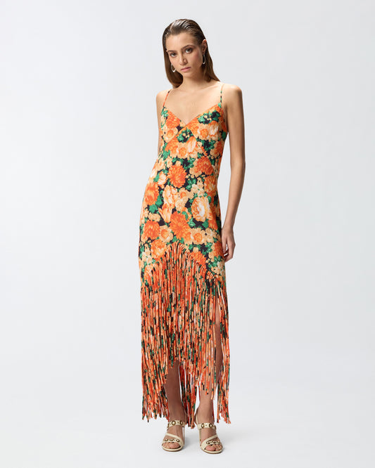 Long dress with fringing and Botanic Garden print