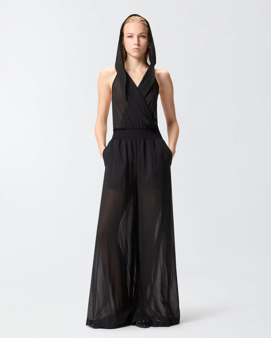 Long playsuit with hood and sheer details