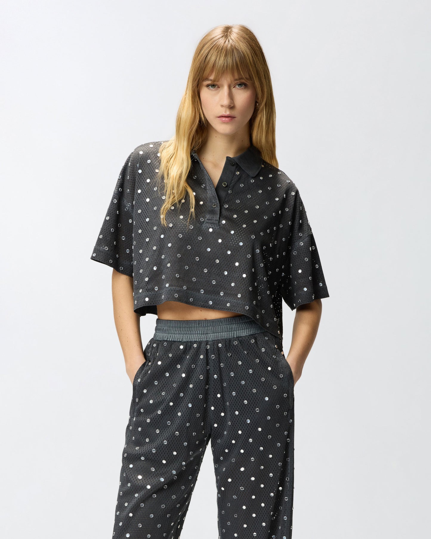 Cropped mesh polo shirt with mirror detail