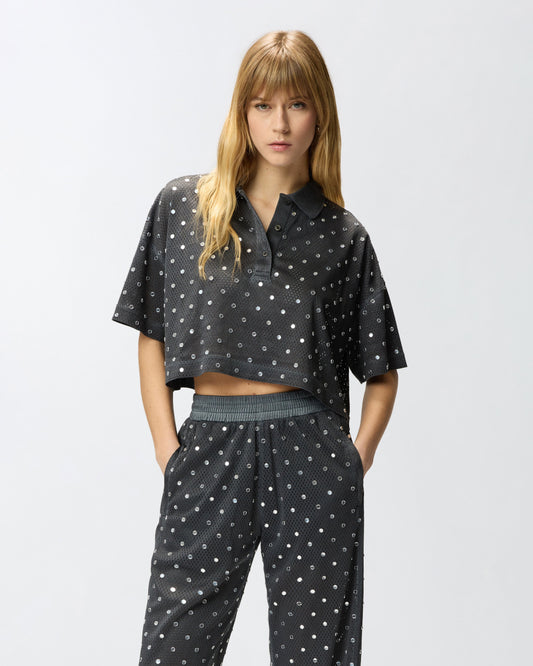 Cropped mesh polo shirt with mirror detail