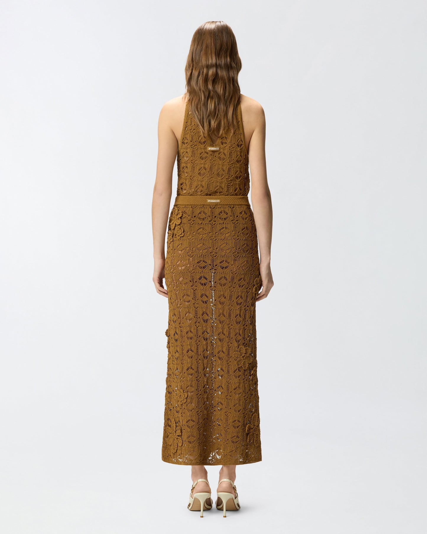 Crochet-effect midi skirt with appliqué flowers