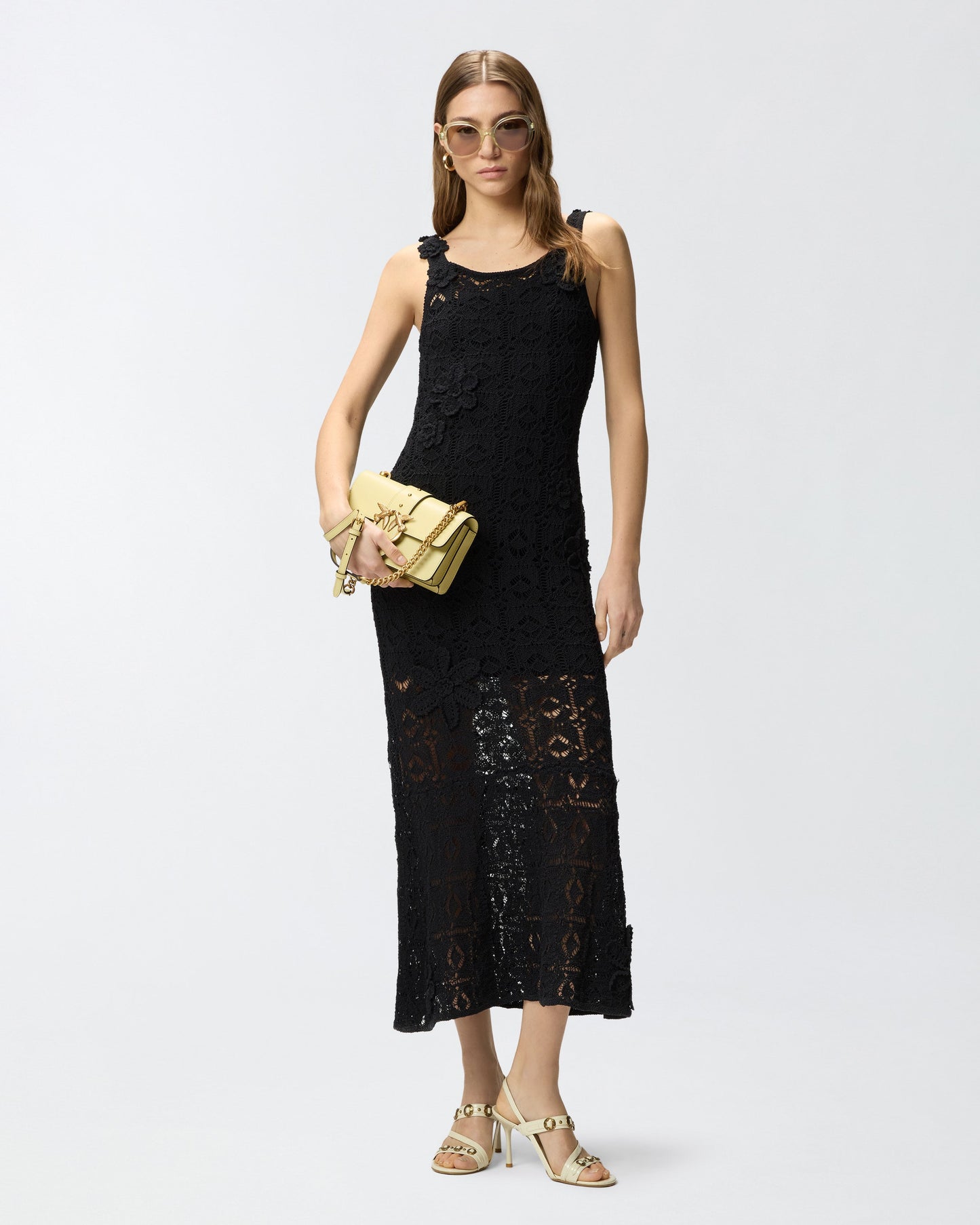 Crochet-effect midi dress with appliqué flowers