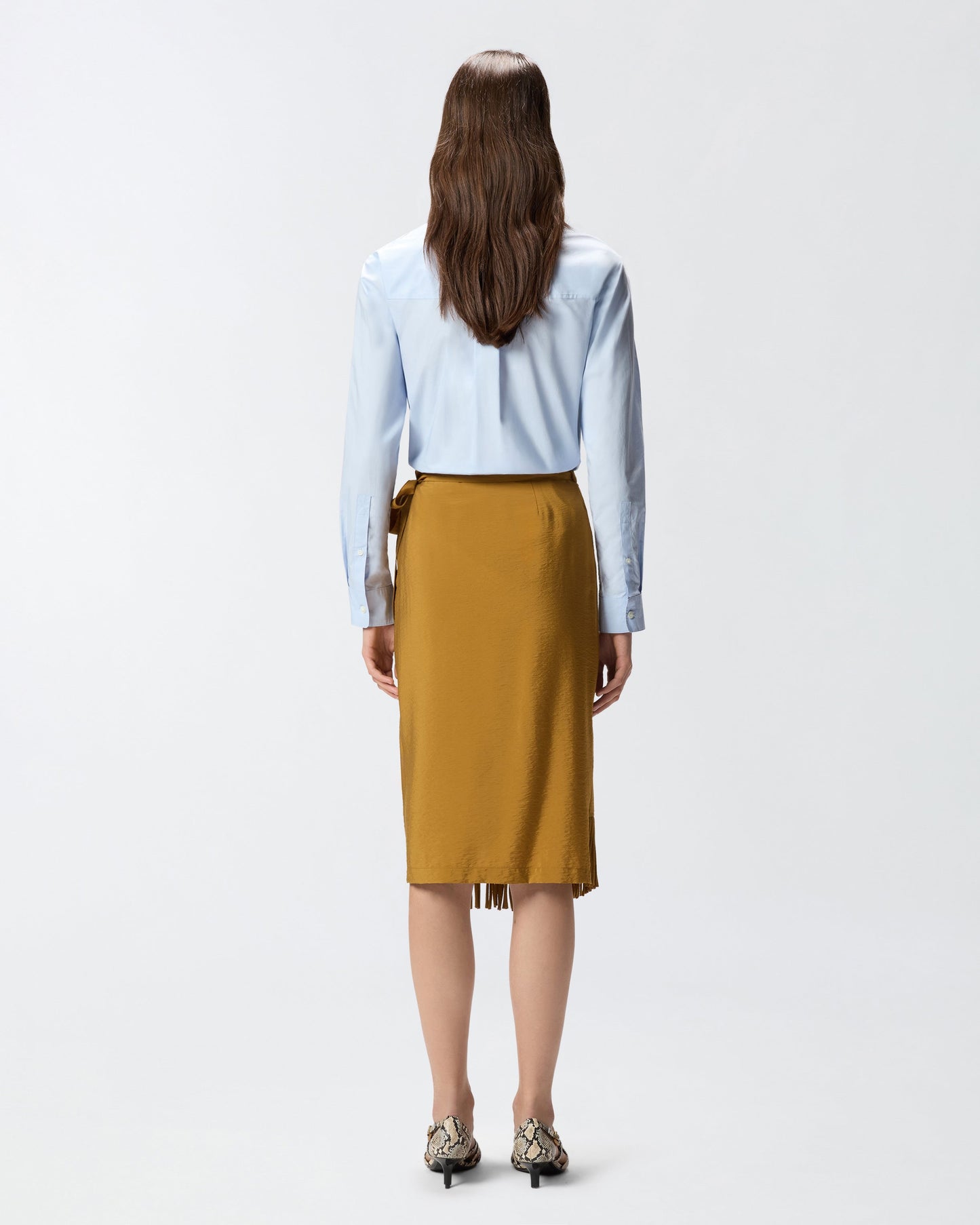 Calf-length wrap skirt with fringing