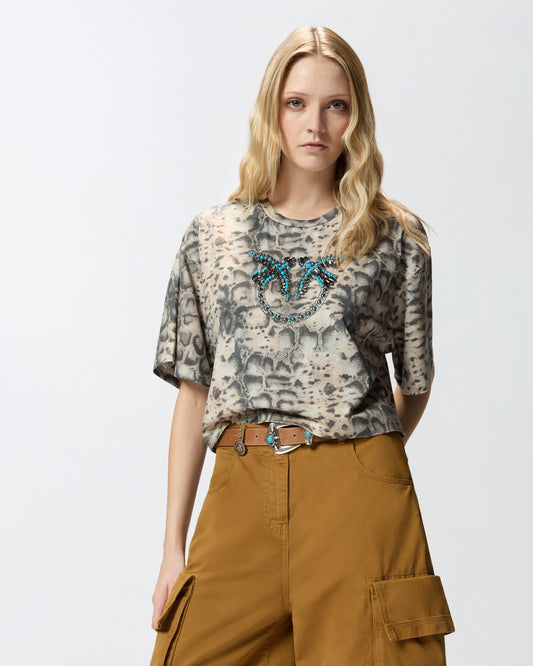 Cropped T-shirt with snake print and Love Birds