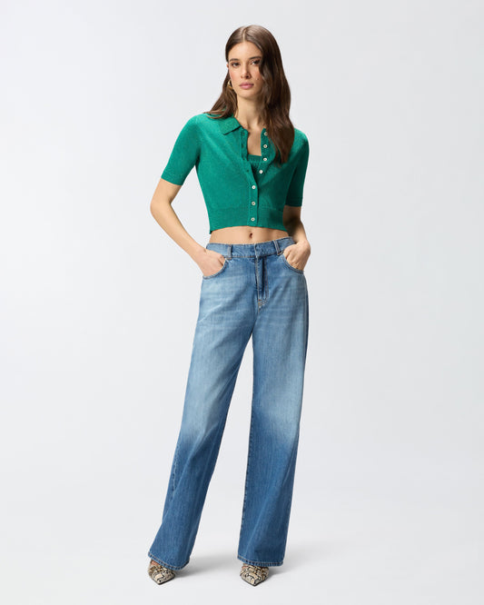 Cropped, short-sleeved cardigan with collar
