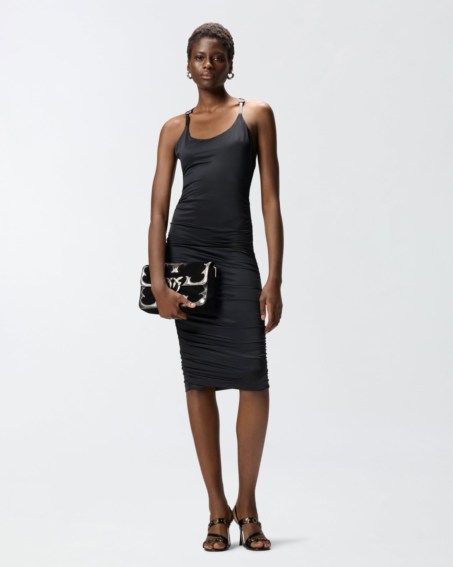 Shiny midi dress with crossed shoulder straps