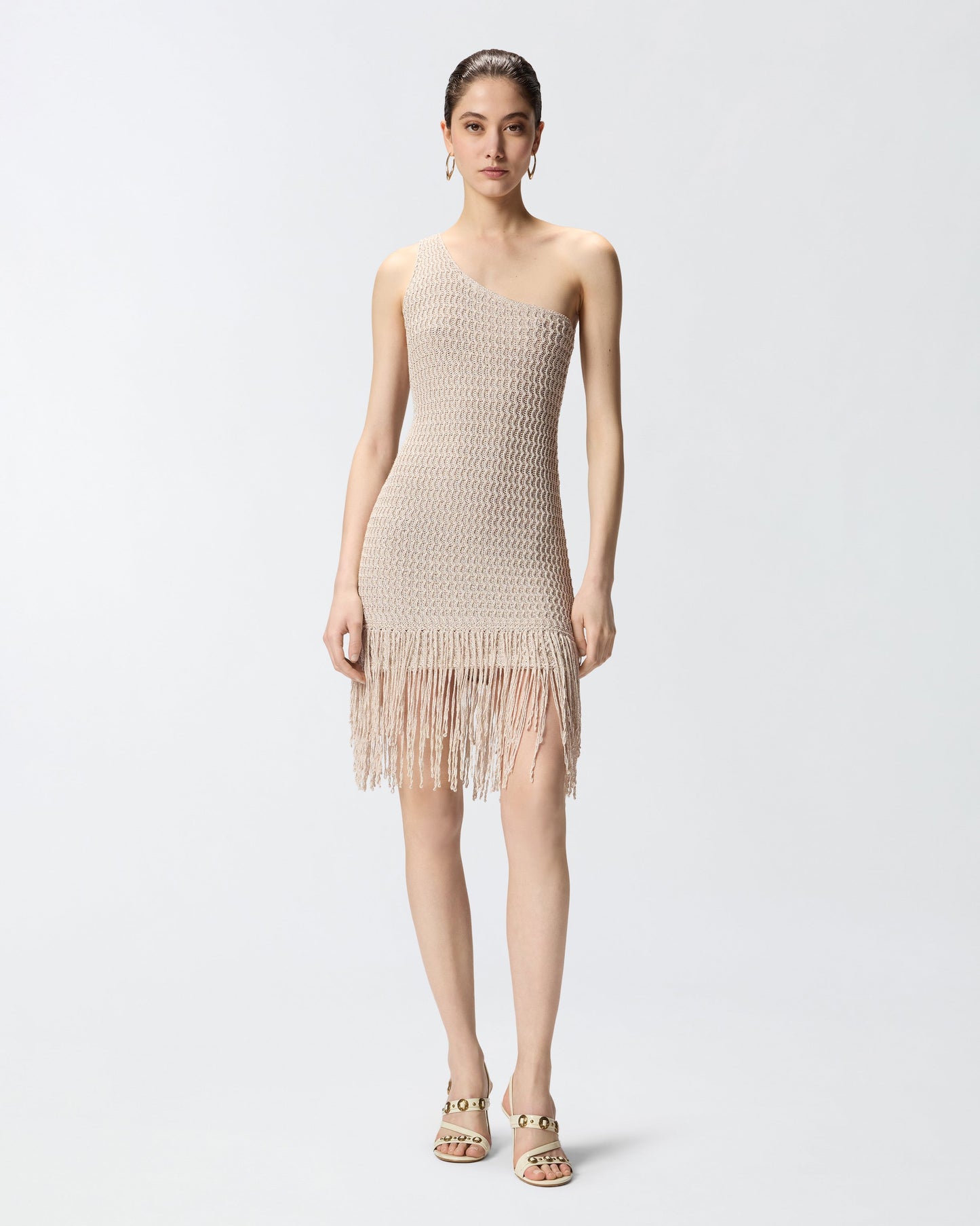 One-shoulder mini dress with fringing