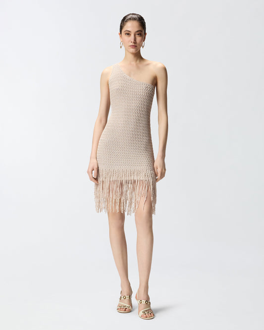 One-shoulder mini dress with fringing