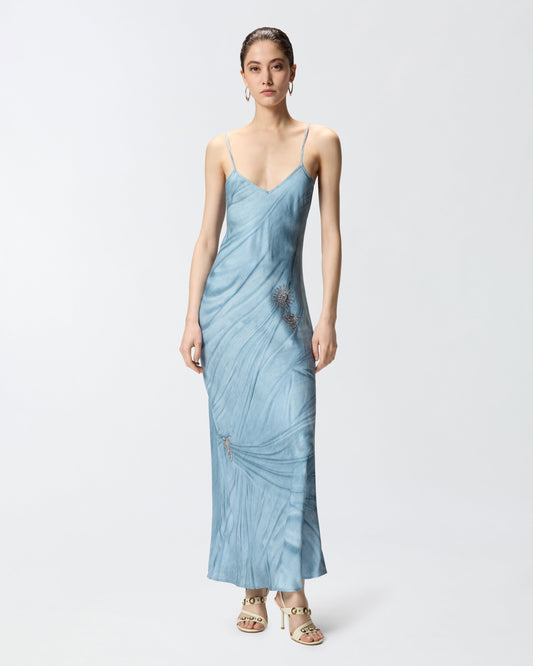 Fluid slip dress with placed jewel print