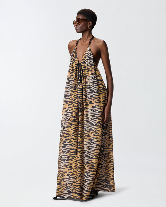 Long halterneck dress with animal print