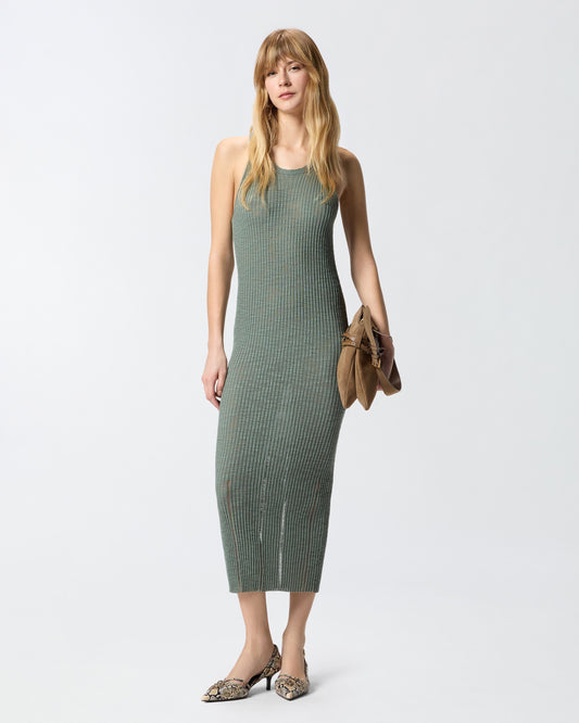 Ribbed slim-fit midi dress with rips