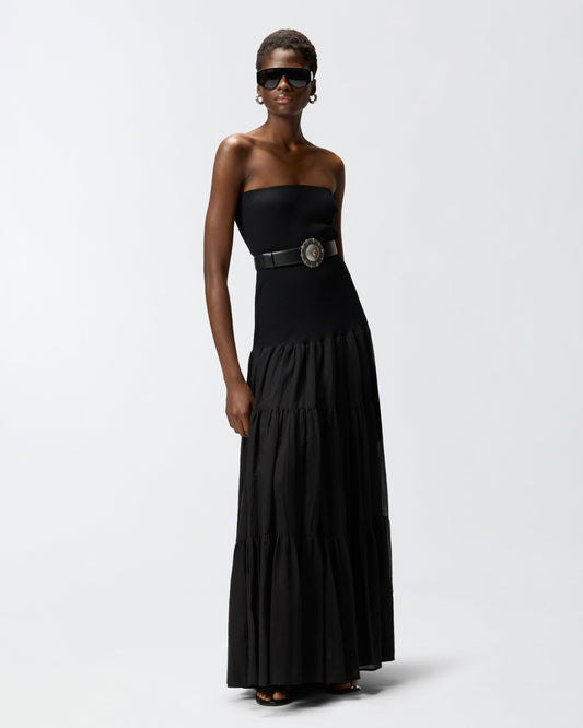 Long dress with ribbed top and flounced skirt