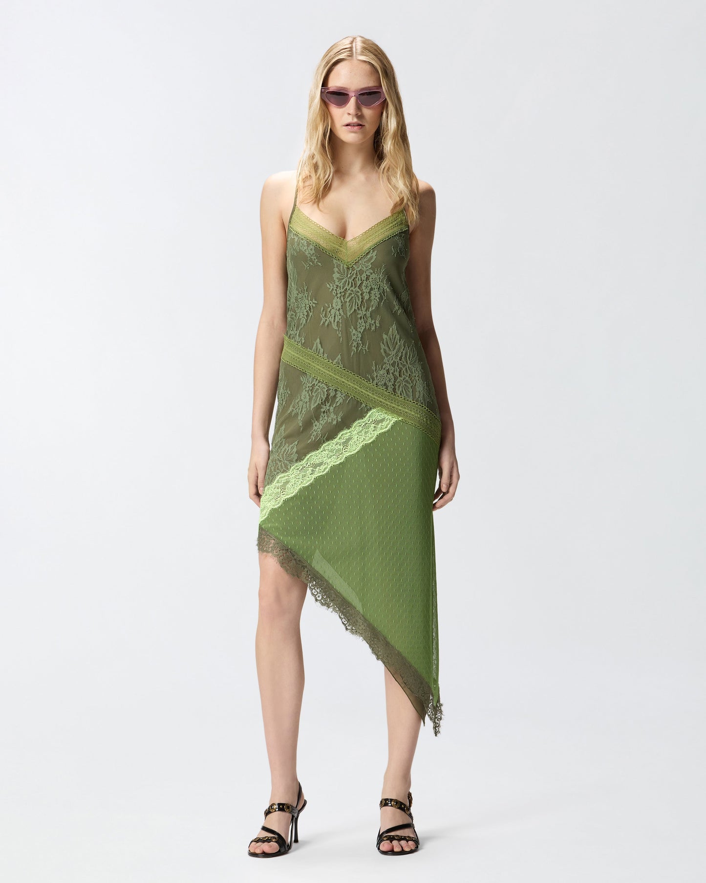 Asymmetric patchwork-effect lace mini dress