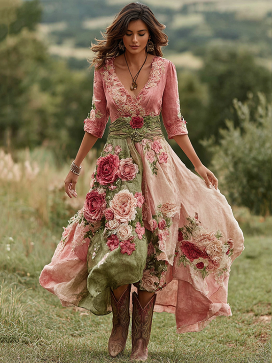 Damen Vintage Leinenmischung Maxikleid mit floralem Muster und V-Ausschnitt