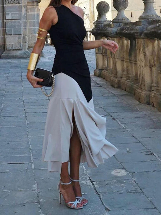Fashionable sleeveless loose one shoulder midi dress