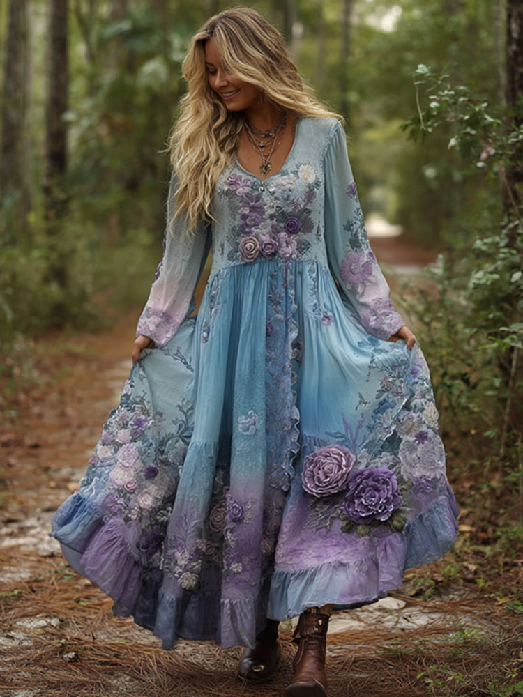 Vintage Elegantes Maxi-Kleid in Lila-Lavendel mit Blumenstickerei und Farbverlauf