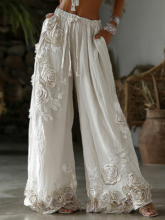 Damen Retro bestickte Leinenhose mit Blumenmuster im Casual-Look