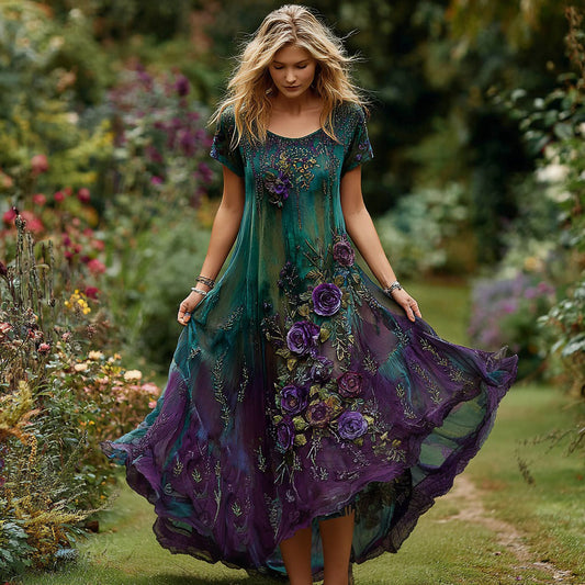 Vintage Damenkleid mit Blumenstickerei, Farbverlauf und Rundhalsausschnitt