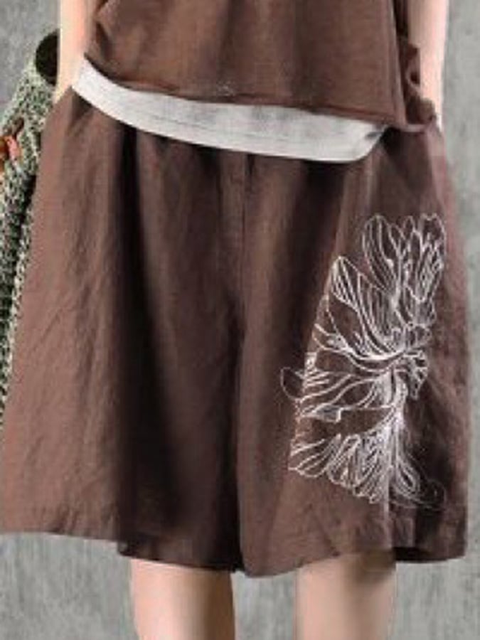 Legere Cropped-Hose aus Baumwolle und Leinen mit floraler Stickerei