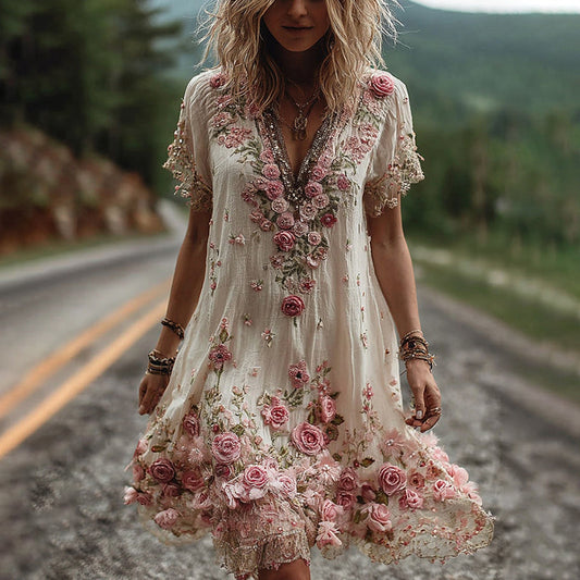Kurzärmeliges Kleid mit Vintage-Blumenstickerei