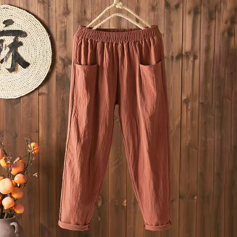 Vintage Komfortable Baumwollleinenhose mit Taschen