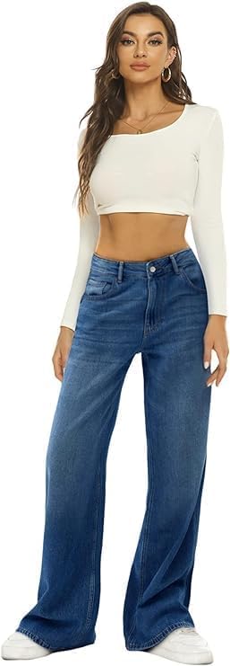 HDLTE Damen Jeans Weites Bein High Waist Baggy Jeans Loose Boyfriend Jeans Denim Hose Y2K