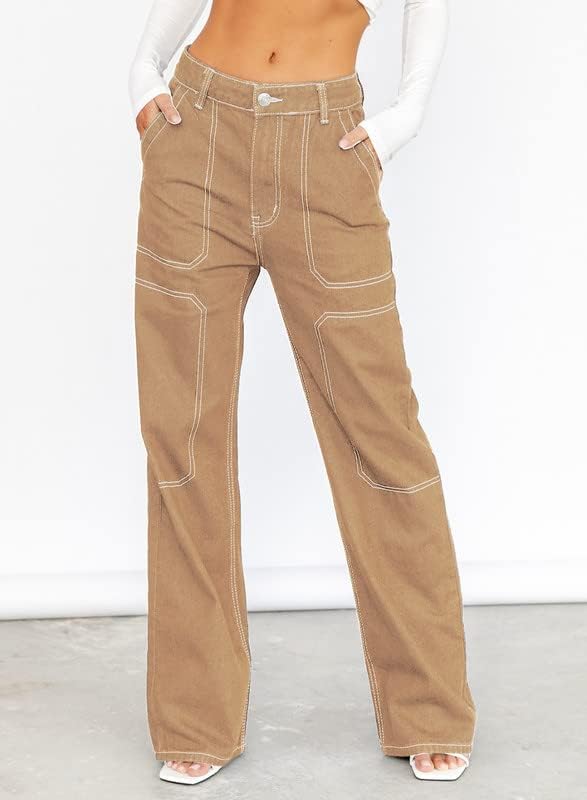 Dokotoo Damen Casual Mid Waist Cargo Jeans Stretch Wide Leg Denim Hose mit Taschen