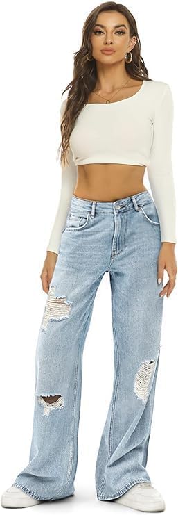HDLTE Damen Jeans Weites Bein High Waist Baggy Jeans Loose Boyfriend Jeans Denim Hose Y2K