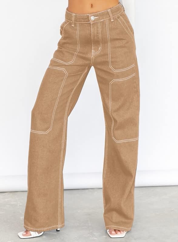 Dokotoo Damen Casual Mid Waist Cargo Jeans Stretch Wide Leg Denim Hose mit Taschen