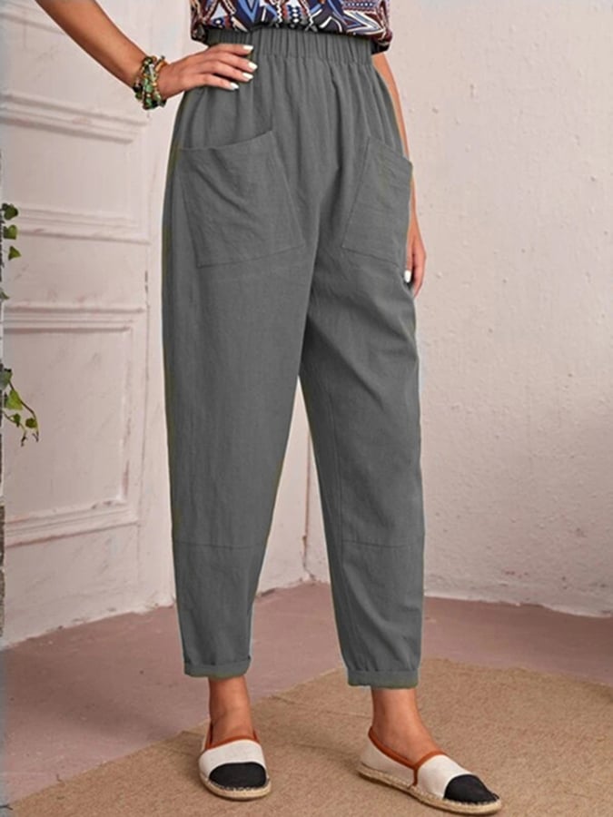 Freizeithose aus Baumwolle und Leinen mit elastischem Bund und doppelten aufgesetzten Taschen