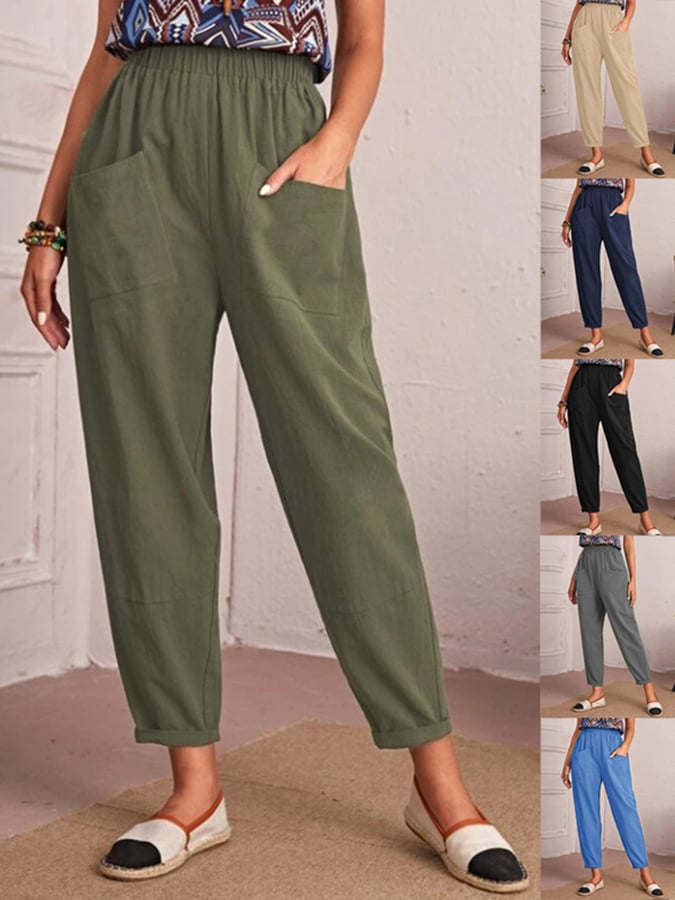 Freizeithose aus Baumwolle und Leinen mit elastischem Bund und doppelten aufgesetzten Taschen