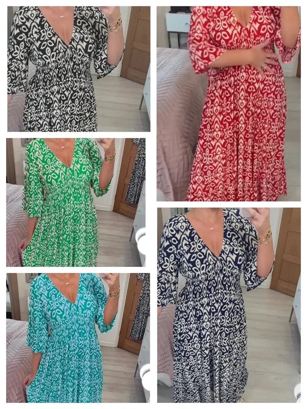 Böhmisches lässiges V-Ausschnitt-Wickelkleid mit Print und langer Taille