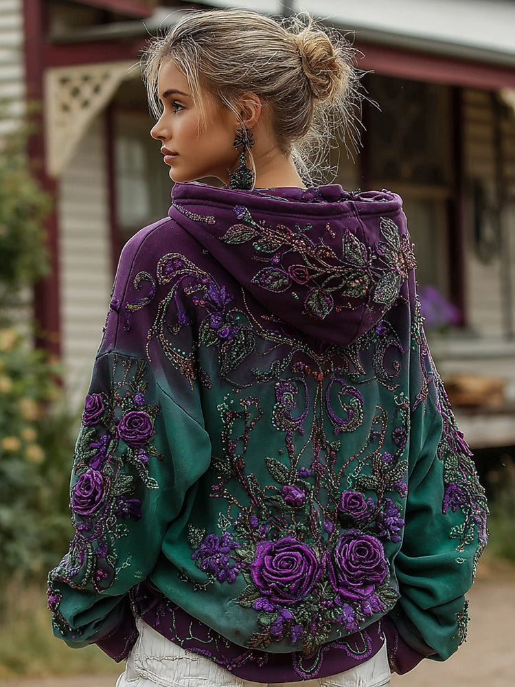 Damen Retro Hoodie mit lilafarbenem Rosen-Farbverlauf