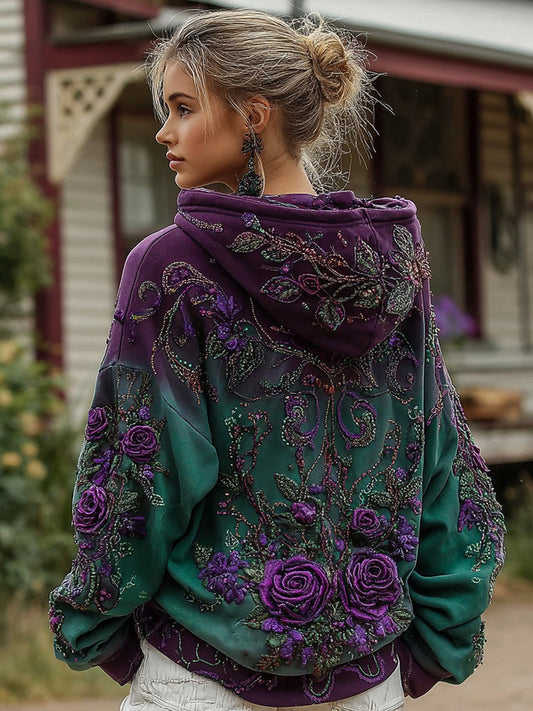 Damen Retro Hoodie mit lilafarbenem Rosen-Farbverlauf