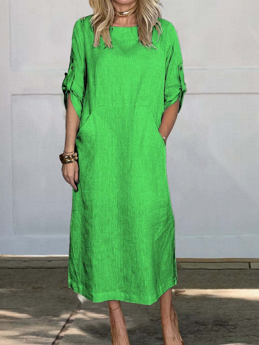 🔥HOT SALE🔥Damen Sommer Einfarbig Leinen Baumwolle Lässiges Kleid mit zwei Seitentaschen (FAST AUSVERKAUFT)