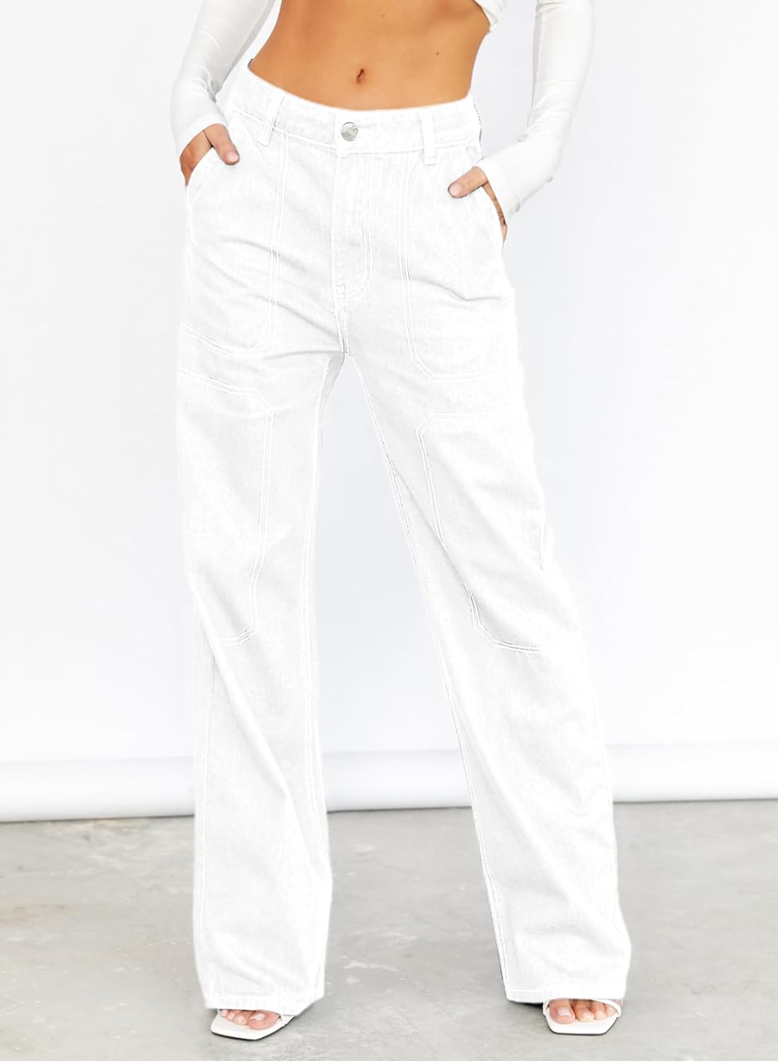 Dokotoo Damen Casual Mid Waist Cargo Jeans Stretch Wide Leg Denim Hose mit Taschen