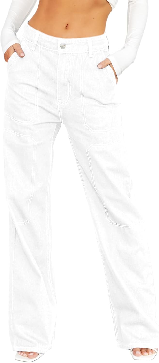 Dokotoo Damen Casual Mid Waist Cargo Jeans Stretch Wide Leg Denim Hose mit Taschen