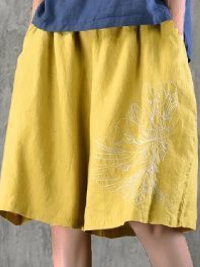 Legere Cropped-Hose aus Baumwolle und Leinen mit floraler Stickerei