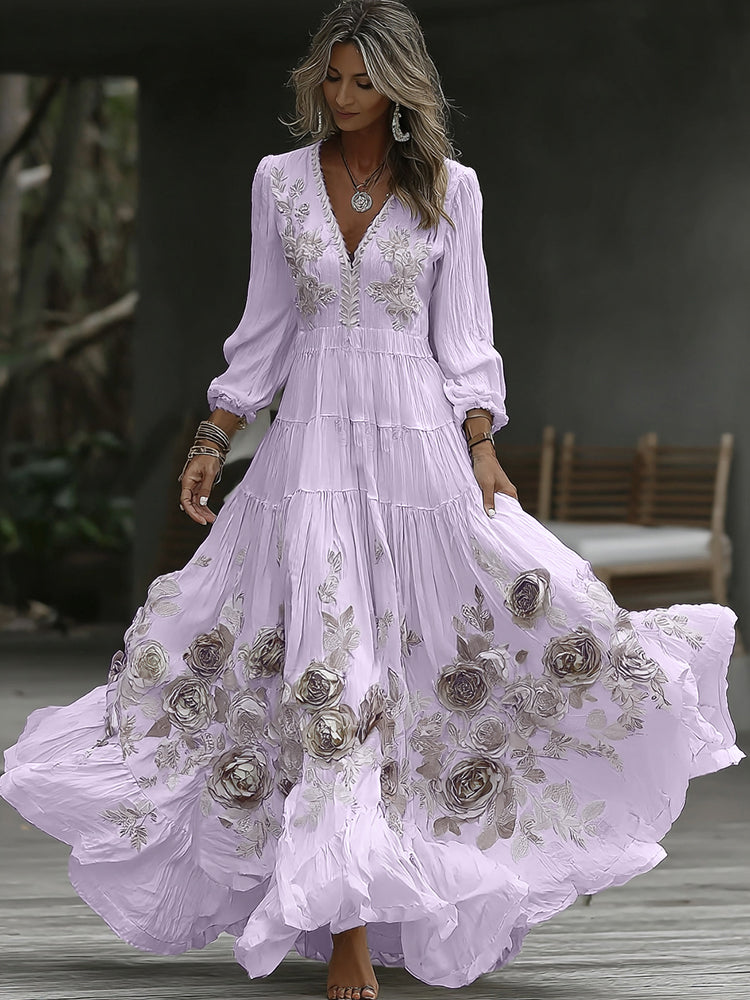 Damen Vintage Rose Stickerei Kunst V-Ausschnitt Freizeit Langarm Maxikleid