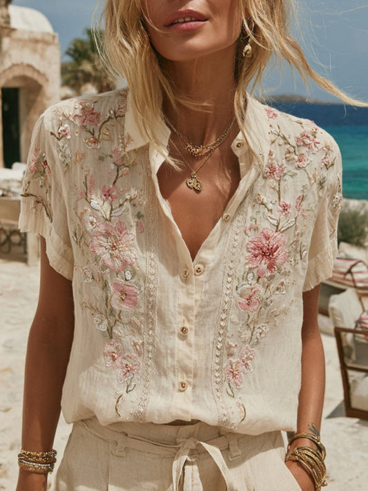 Damen Vintage Besticktes Blumen-Kurzarmhemd