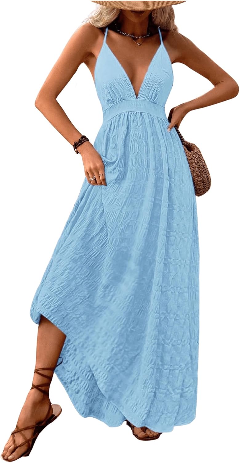 MakeMeChic Damen Boho V-Ausschnitt Ärmelloses Maxi-Sommerkleid Geblümt Kreuz und quer rückenfrei Ausgestelltes Cami-Kleid
