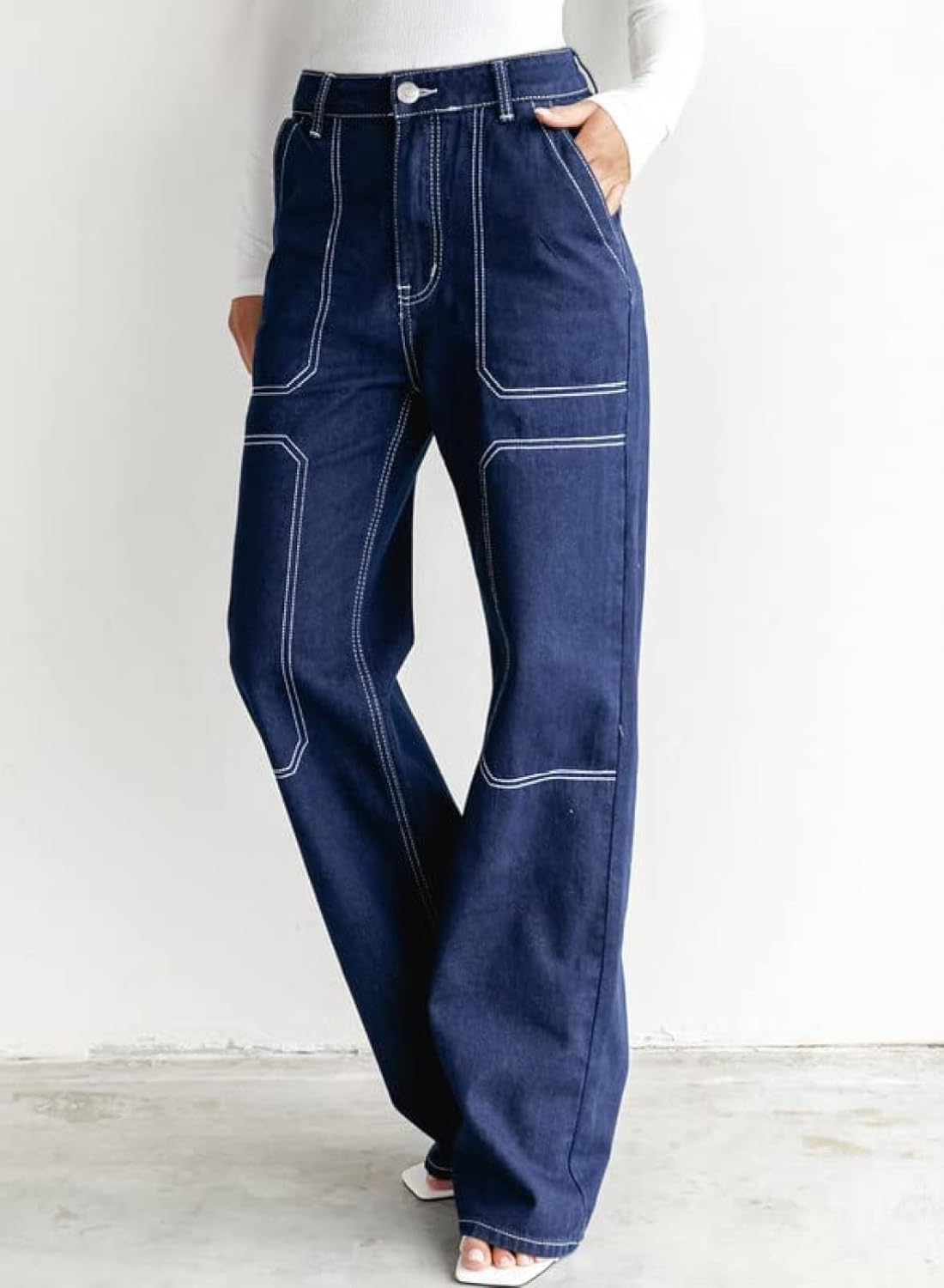 Dokotoo Damen Casual Mid Waist Cargo Jeans Stretch Wide Leg Denim Hose mit Taschen