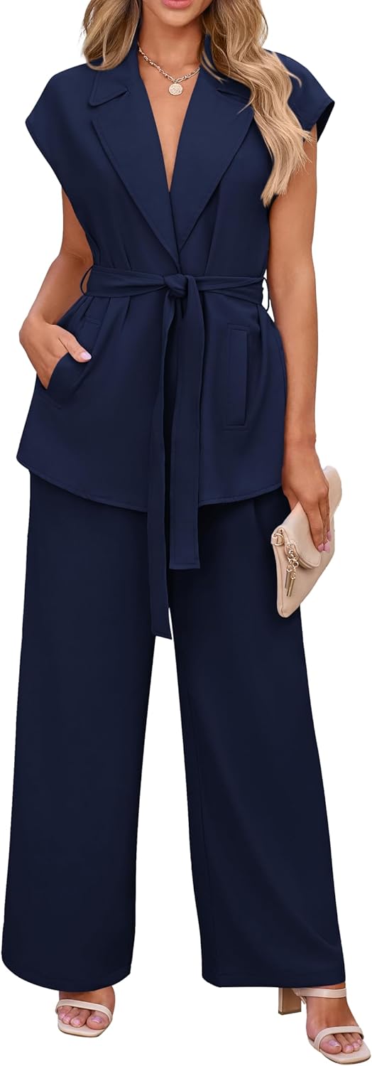 PRETTYGARDEN Damen Sommer 2-teilige Outfits 2025 mit Kappenärmeln, V-Ausschnitt, Blazerweste, weitem Bein, Hosen-Sets, Büro-Arbeitskleidung