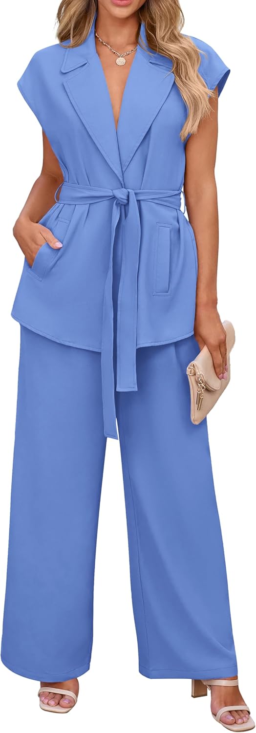 PRETTYGARDEN Damen Sommer 2-teilige Outfits 2025 mit Kappenärmeln, V-Ausschnitt, Blazerweste, weitem Bein, Hosen-Sets, Büro-Arbeitskleidung