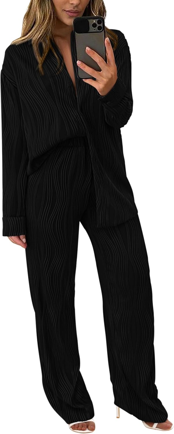 Damen 2-teilige strukturierte Sets Lässiges Button-Down-Shirt Weite Hose Outfit Loungewear Trainingsanzug
