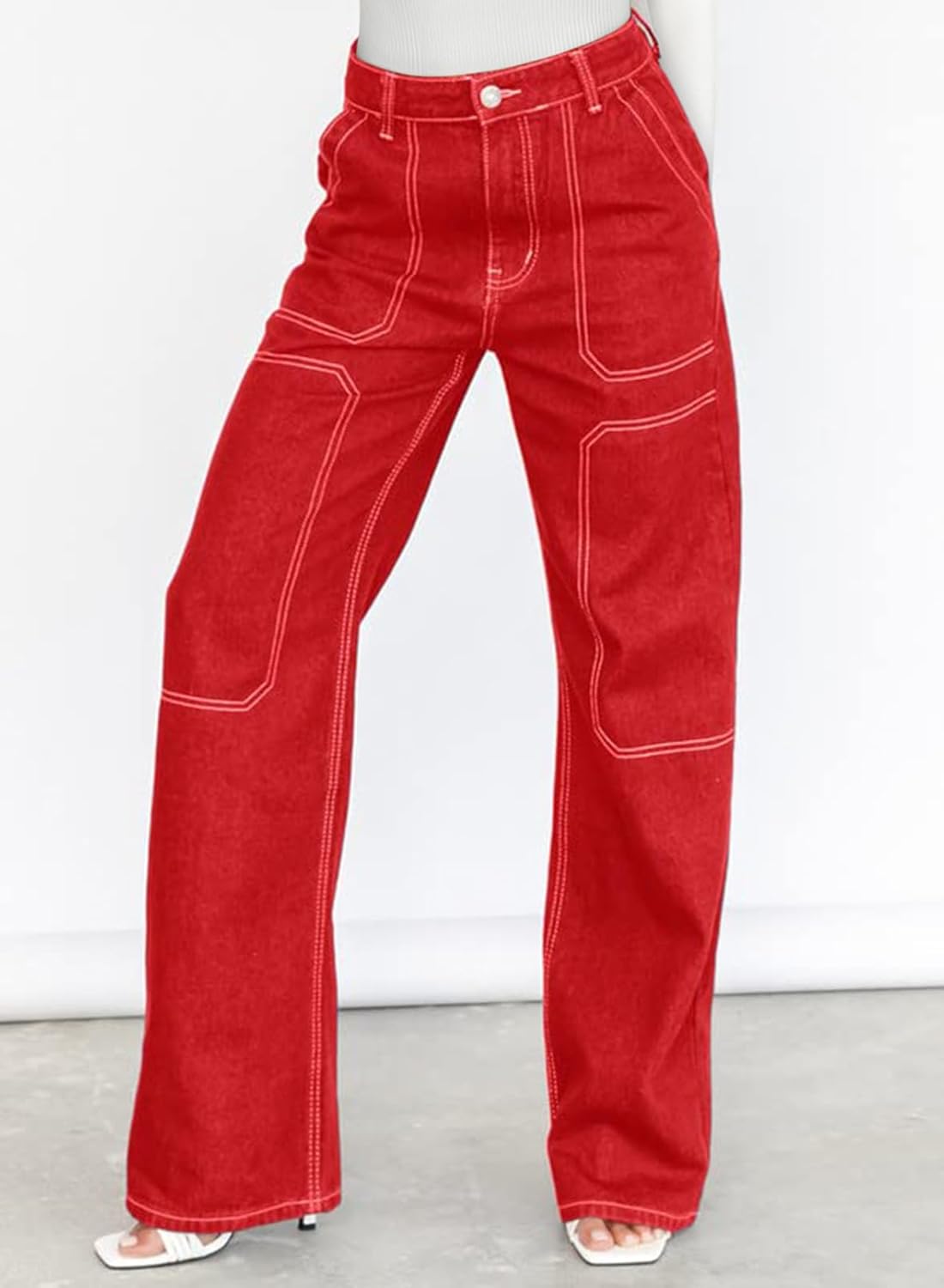 Dokotoo Damen Casual Mid Waist Cargo Jeans Stretch Wide Leg Denim Hose mit Taschen